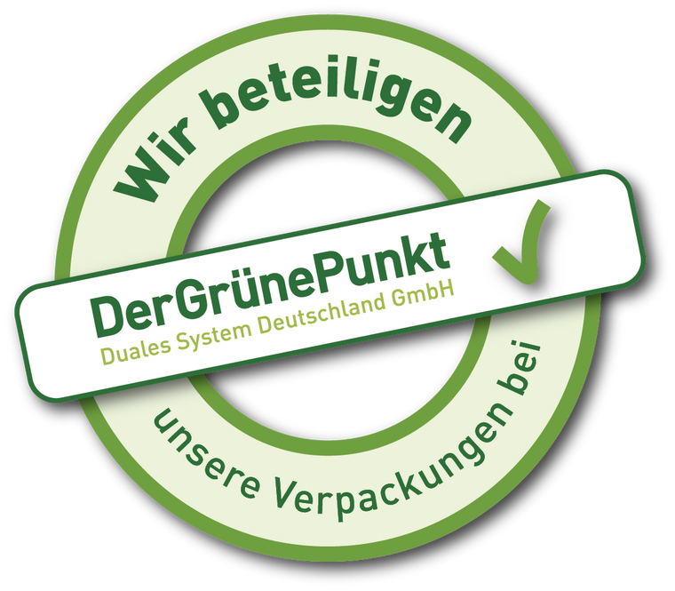 Mit diesem Label zeigen wir, dass wir Kunde bei Der Grüne Punkt – Duales System Deutschland GmbH sind und unsere Verkaufsverpackungen für Deutschland am dualen System beteiligen.